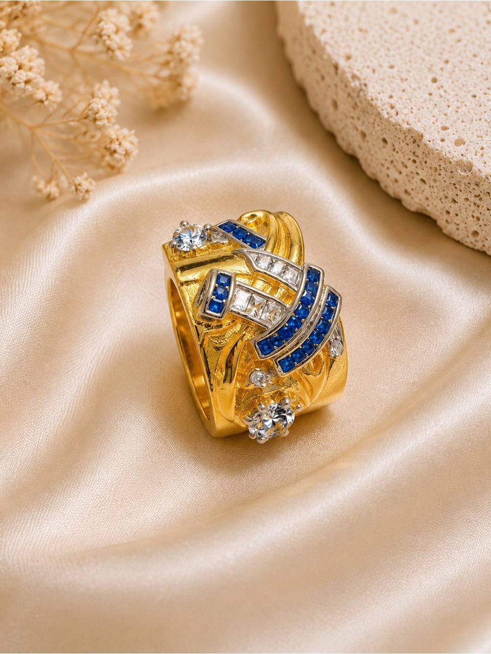 Gold & Blue Crystal Statement Ring | Wide Band Cocktail Ring